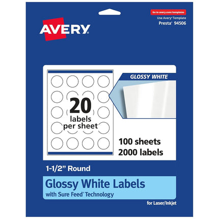 AVERY Round Labels with Sure Feed, 1.5"" Diameter, 2,000 Glossy White Labels (36494)"