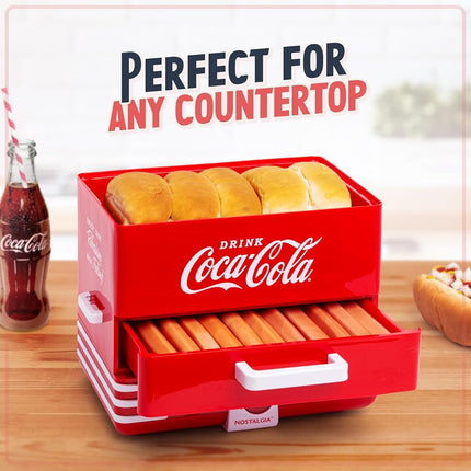 Nostalgia Extra Large Diner-Style Coca-Cola Steamer Cooks 20 Hot Dogs & 6 Buns - Hot Dog Steamer for Breakfast Sausages, Brats, Vegetables & Fish - Bun Steamer Perfect for Game Days or Parties - Red