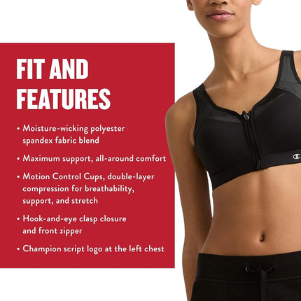 Champion Women's Sports Bra, Motion Control Front-Zip, High-Impact Maximum Support, Breathable, Moisture-Wicking, Pomegranate, 38DD
