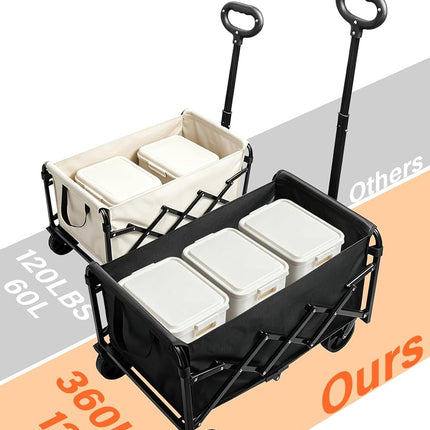 Wagons Carts Foldable, Collapsible Wagon, Foldable Wagon Cart with Wheels, Folding Wagons for Beach Camp Sports Garden, 2 Cup Holders/Lightweight Portable/Black/360 LBS