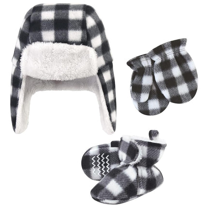 Hudson Baby Girls' Trapper Hat, Mitten and Bootie Set, Black White Plaid, 18-24 Months