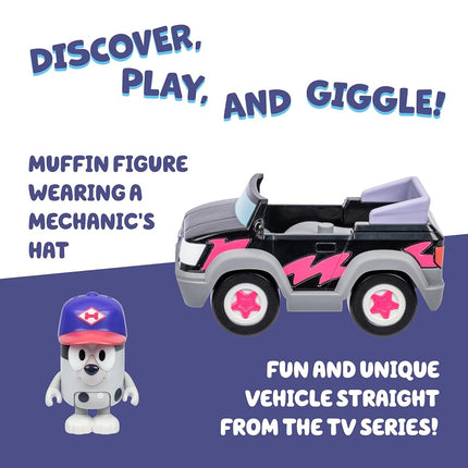 BLUEY Hit The Road And Her Friends In This Cute Little Vehicle! Ride Along In Pizza Girls Car with Muffin, This Vehicle Fits One 2.5" (6cm) Articulated Muffin Figure Inside, Black