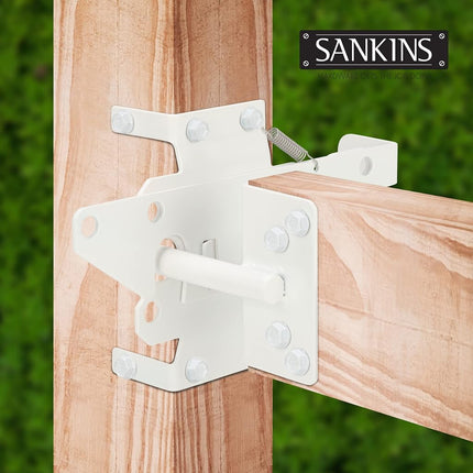 Self-Locking Gate Latch Heavy Duty Post Mount Automatic Gravity Lever for Wooden/PVC Fence, Door Lock with Fasteners Hardware for Secure Pool |Yard | Garden, Steel, White