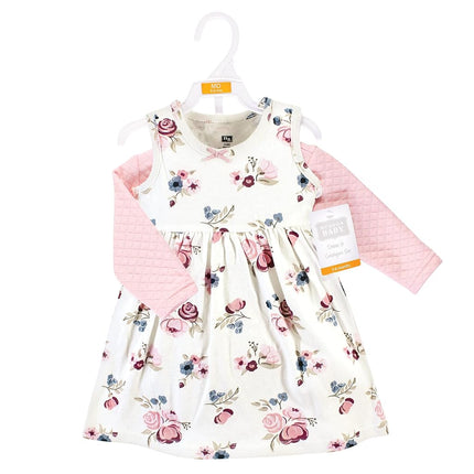 Hudson Baby Girls' One Size Quilted Cardigan and Dress, Dusty Rose Floral, 3T