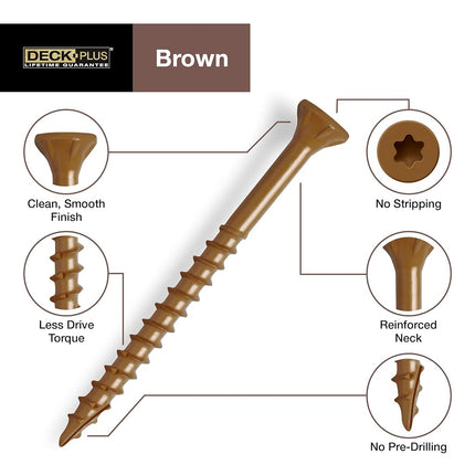 Deck Plus 2-1/2 Inch Epoxy Coated Exterior Wood and Fence Screws #10 x 2-1/2" Torx/Star Drive Included Coarse Thread, Outdoor Rust Resistant Decking Screw, Brown, 5 lb Box, 365 Pieces | 49012