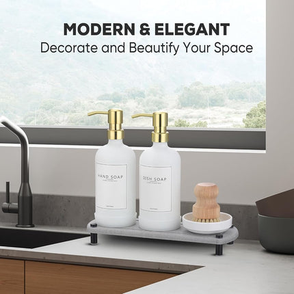 NEECZS Kitchen Soap Dispenser Set with Instant Dry Tray,16 Oz Hand and Dish Soap White Glass Dispenser Set,Stainless Steel Pump,Waterproof Labels&Dish Brush,Luxury Soap Bottle for Kitchen,Bathroom