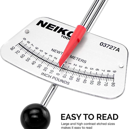 Neiko 03727A 1/4-Inch-Drive Beam Torque Wrench, SAE and MM Bicycle and Automotive Wrench, Reads in 0–80 Inches/Pounds and 0–9 Newton/Meter Increments