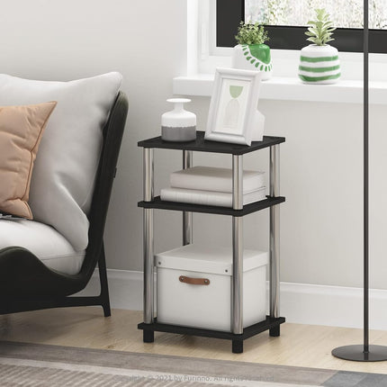 Furinno JUST Side Table Set of 2, 3-Tier End Tables, Open Shelves Night Stand, Nightstand, Toolless Assembly, for Living Room, Bedroom, Americano/Stainless Steel