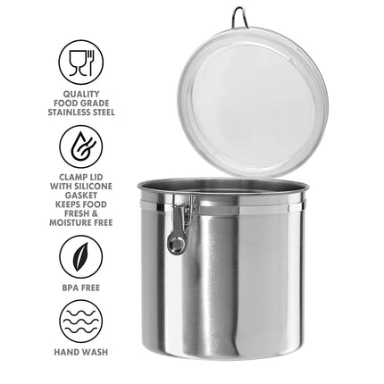 Oggi Stainless Steel Kitchen Canister 152 fl oz - Airtight Clamp Lid, Clear See-Thru Top - Ideal for Kitchen Storage, Food Storage, Pantry Storage. Jumbo Size 8" x 8".