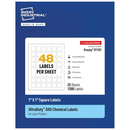 Avery UltraDuty GHS Labels, Waterproof, 1 X 1 Inch Square Labels, Pack of 1200 White Labels for Use with Laser Printers