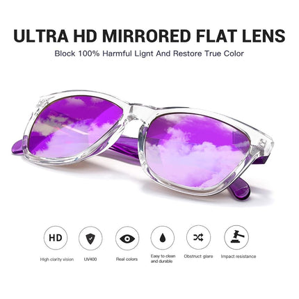 Gafas de sol COLOSSEIN para mujer, montura cuadrada clásica, lentes espejadas con protección UV400, ideales para la playa, vacaciones, conducir, A3 - Morado + Azul - Lentes Espejadas, 55