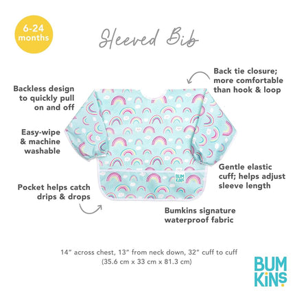 Bumkins Sleeved Bib, Handy Tie Closure for Custom Fit, Catch-All Pocket, Baby-Led Weaning, Waterproof, Machine Washable, Stain & Odour Resistant, BPA Free, 6-24 Months, Rainbow Design