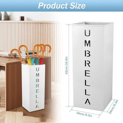 Metal Umbrella Stand, 16.5x6.3x6.3inch Square Free Standing Umbrella Rack Decorative Umbrella Holder Bin Multipurpose Walking Sticks Holder for Umbrella Cane Entryway Home Office(White)