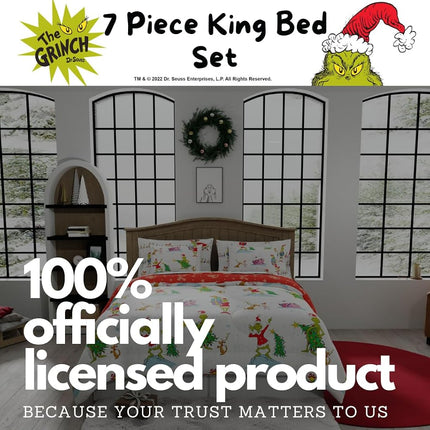Franco Comforter and Sheet Set with Sham, Microfiber, Grinch-White + Red, 7 Piece King Size