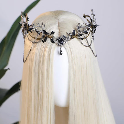 MOSTORY Woodland Elf Crown for Women - Medieval Elf Headpiece with Tassel for Renaissance Renfaire Fae Cosplay Viking Outfit, Black-silver, One Size
