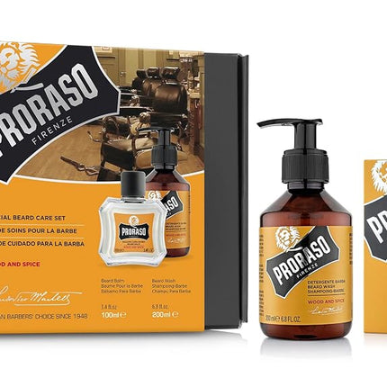 Proraso Beard Care Kit for Men | Beard Wash & Beard Balm to Cleanse, Soften and Reduce Itch for New or Short Beards | Wood & Spice Fragrance