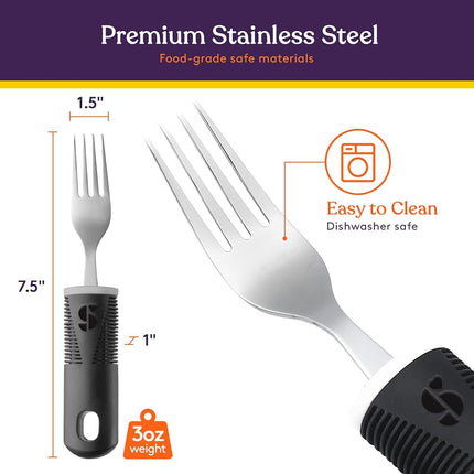 (Black) - Adaptive Utensils (4-Piece Kitchen Set) Wide, Non-Weighted, Non-Slip Handles for Hand Tremors, Arthritis, Parkinson's or Elderly use Stainless Steel Knife, Fork, Spoons - Black