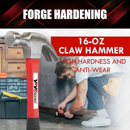 YIYITOOLS Claw Hammer with Fiberglass Handle – 16-oz, Red and Black