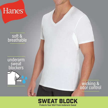 Hanes Men's Undershirt, Underarm Sweat Blocking Tee, White V-Neck T-Shirt, 3-Pack, White, XL