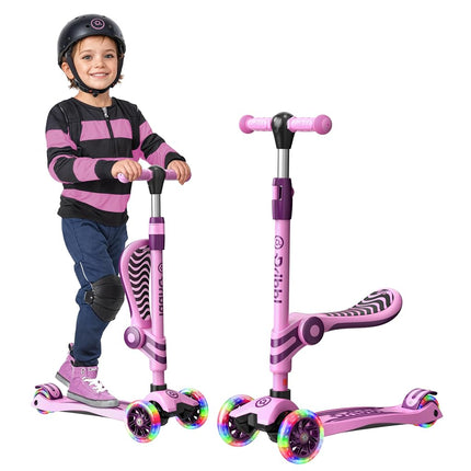 Pink & Purple 3 Wheel Scooter with Seat for Kids – Light-Up LED Wheels, Adjustable Handlebar and Seat, Smooth PU Wheels, Wide Anti-Slip Deck, Rear Foot Brake – Toddler Outdoor Toys for Ages 2+