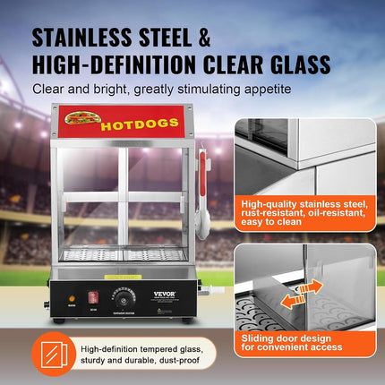 VEVOR Hot Dog Steamer, 28.5QT, 2-Tier Hot Dog Hut Steamer, 86℉~185℉ Temperature Control, Electric Bun Warmer with Tempered Glass Slide Doors Partition Plate Tong, Stainless Steel, for Hot Dogs & Buns