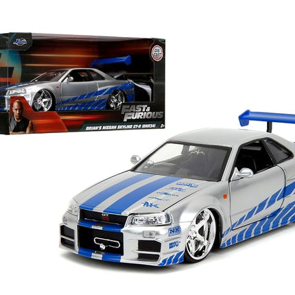 Jada Toys Fast & Furious Brian’s 2002 Nissan Skyline R34 Die-cast Car, 1:24 Scale, Silver & Blue,19808
