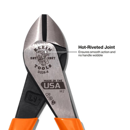 Klein Tools D2286 Diagonal Cutting Pliers, 6-Inch, Made in USA, Heavy-Duty Wire Cutters with High Leverage Design, Side Cutters with Laser Hardened Blades and Hot Riveted Joint