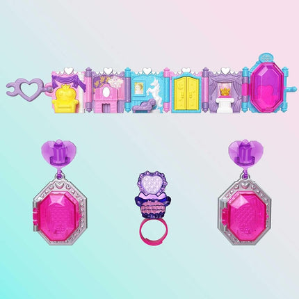 POLLY POCKET Colección de recuerdos de la princesa Juego de joyas del baile real, tema Castillo de unicornio, 2 muñecas, anillo y joyero, pendientes, pulsera, para mayores de 4 años