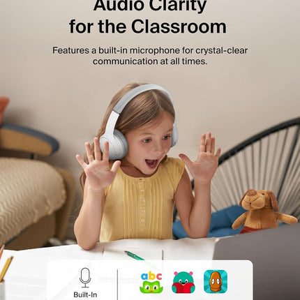 Belkin SoundForm Mini Kids Wireless Headphones w/Built-in Microphone, 30H of Playback Time, Fun Stickers, & Case - Over-Ear Headsets for Online Learning, School, iPhone, iPad, Galaxy, & More - White