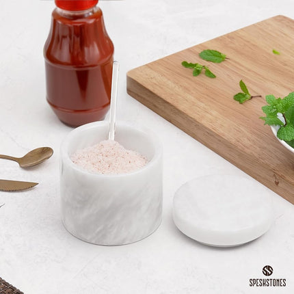 SPESHSTONES Marble Salt Cellar with Lid and Spoon 3'' Inches White Salt Container Handmade Spice Seasoning Containers for Kitchen Storage Accessories - Salt Box & Ideal Sugar Bowl, Flaky Salt Cellar