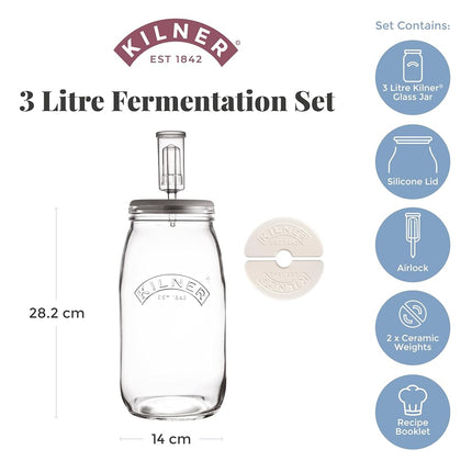 Kilner 3 Litre Fermentation Set Airtight Glass Jar with Silicone Lid, Air Lock, Ceramic Weights & Recipe, Booklet Ideal for Sauerkraut, Kimchi & Pickles