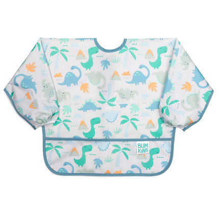 Bumkins Sleeved Bib, Handy Tie Closure for Custom Fit, Catch-All Pocket, Baby-Led Weaning, Waterproof, Machine Washable, Stain & Odour Resistant, BPA Free, 6-24 Months, Dinosaur Design