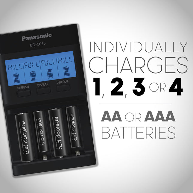 Chargeur rapide Panasonic K-KJ65KHA4BA Super Advanced 4 positions avec écran LCD, port de charge USB et 4 piles rechargeables AA eneloop pro, noir