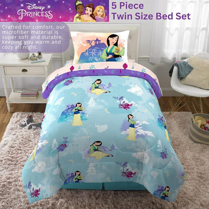 Juego de edredón y sábanas de microfibra supersuave de 4 piezas tamaño twin de Franco Disney Princess Mulan para niños (producto con licencia oficial)