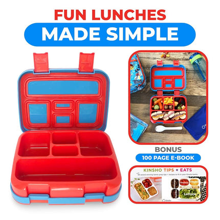 kinsho Bento Lunch Box for Kids Toddlers Boys, 5 Portion Sections Secure Lid, Microwave Safe BPA Free Removable Tray, Pre-School Kid Daycare Lunches Snack Container Ages 3 to 5, Blue Pirates