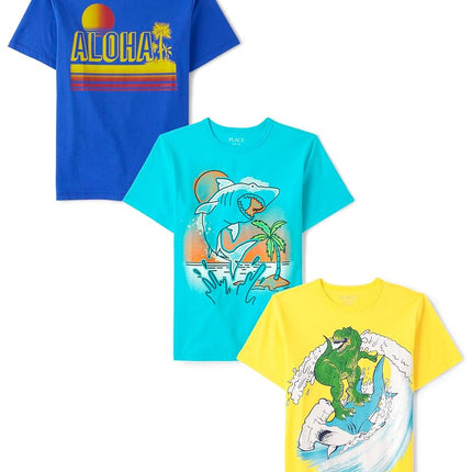 The Children's Place Assorted Everyday Short Sleeve Graphic T-Shirts,multipacks, Aloha/Shark/Dino Surf, Medium