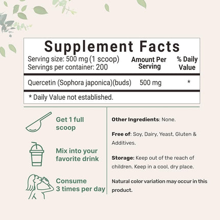 Micro Ingredients Pure Quercetin Dihydrate Powder 100 Gram Powerful Antioxidant Supports Energy Immune System No GMOs, Unflavored, 3.5274 Ounce