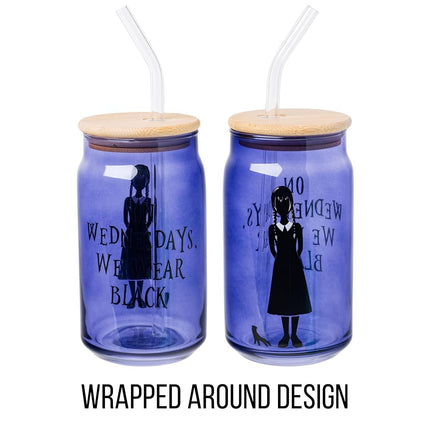 Silver Buffalo Wednesday We Wear Black 16oz Glass Tumbler w Bamboo Lid and Glass Straw