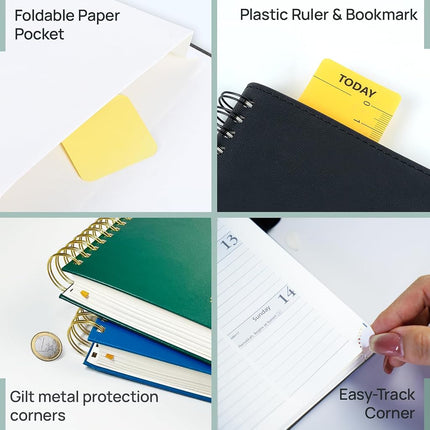 POPRUN Academic Diary 2026-2027 A5 Day to Page Spiral Hard Cover Mid Year Daily Diary (Jul'26 - Jun'27) A Day per Page with Monthly Tabs 26/27 Planner(Pacific Green)