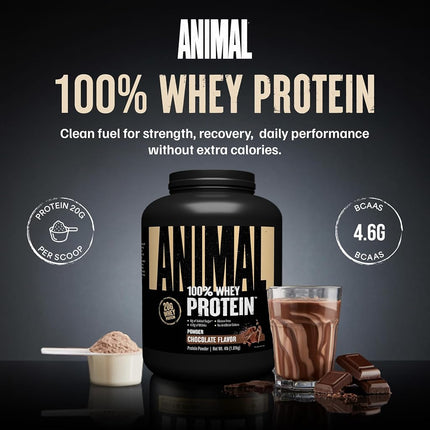 Animal Protein Powder 100% Whey - 4.6g BCAA - Only 1g Added Sugar, No Artificial Colors, Sports Nutrition Concentrate-Isolate Blend - Recovery Supplement and Post Workout Shake - Chocolate - 4lb