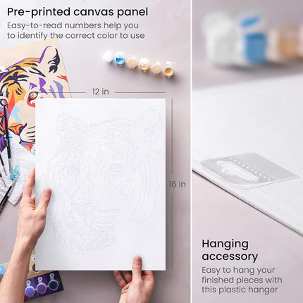 ARTEZA Paint by Numbers Kit, 12x16 Inches, 21 Pieces, Tiger Canvas Painting Kit, Canvas Panel, 12 Acrylic Paint Pots, 5 Paintbrushes, Art Supplies for a Meditative and Calming