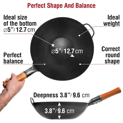 YOSUKATA 34 cm Pre-Seasoned Flat Bottom Black Carbon Steel Wok for Stir Fry