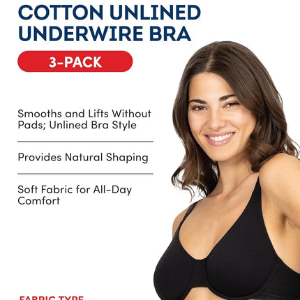 Fruit of The Loom Women's Unlined Underwire Bra - Cotton & Spandex Blend for Natural Shape and Flexibility, Purple Velvet/Blushing/Black, 42D