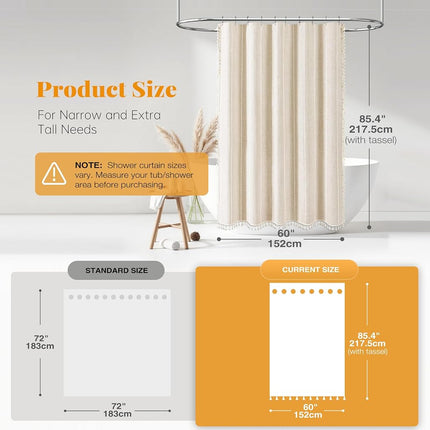 BTTN 60 x 84 Boho Linen Heavy Duty Cloth Shower Curtain Set, Cream/Beige