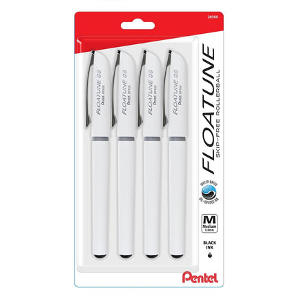 Pentel Floatune Skip-Free Rollerball Pen, 0.8mm Medium Line, Black Ink, 4 Pack