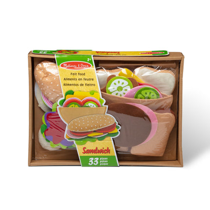 Melissa & Doug Juego de comida de fieltro para juego de imitación, kit de sándwich de juguete de 33 piezas, juguete de rol suave y sensorial para niños de 3 años en adelante