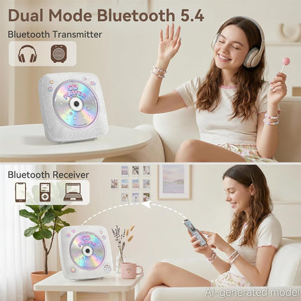CD Player Portable : CD Players for Home Bluetooth 1800mAh Rechargeable Desktop Wall Kegaudio HiFi Speakers with Dust Cover LCD Screen Display FM Radio USB AUX Jack Remote Control (Light White)