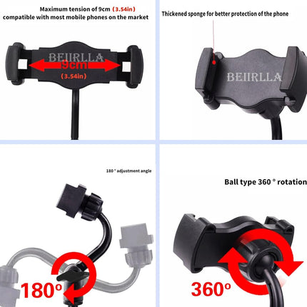 BEIIRLLA Trombone Phone Mount Lyre, Black, Adjustable 360° Rotation, Digital Sheet Music Holder for Low Brass Instruments, 0.78-2.5 Inch Pipe Diameter