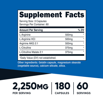 Nutricost Óxido Nítrico Reforzador 2250 mg, 180 Cápsulas - 750 mg por Cápsula, 60 Dosis - Sin Gluten y Sin OGM