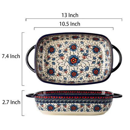 Bicuzat Vintage Style Pottery Bakeware Ceramic Casserole Dish Baking Pan Lasagna Pans Baking Dish with Handles for Oven/Cooking/Kitchen-1 PCS, Large Capacity, 60 OZ
